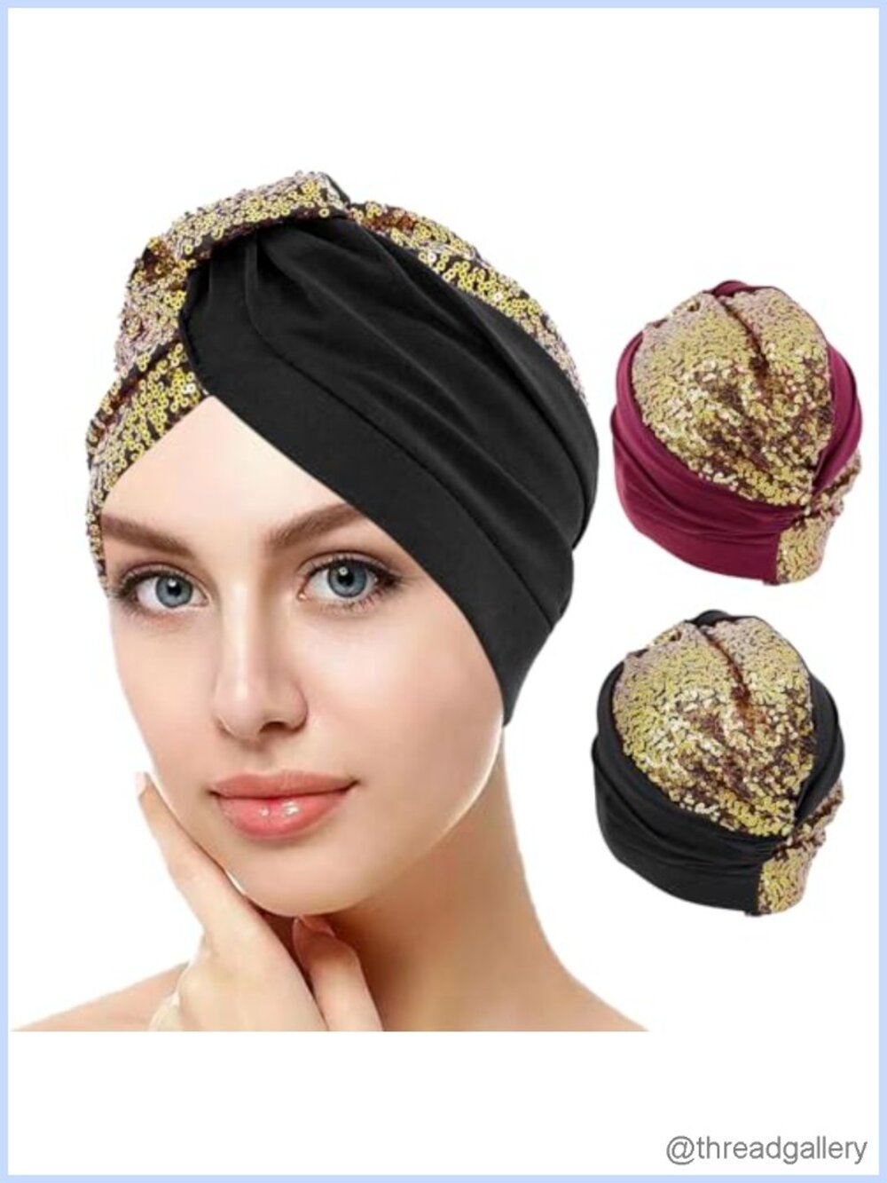 2 Pack Stretch Sequin Skull Cap Hijab Turban Headwrap